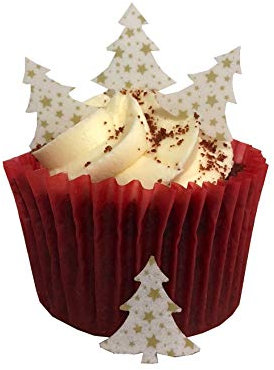 50 Precut Edible Wafer Paper Mini Gold Star Patterned Christmas Tree Cake Toppers - Perfect for Christmas Cupcakes or Table Decorations