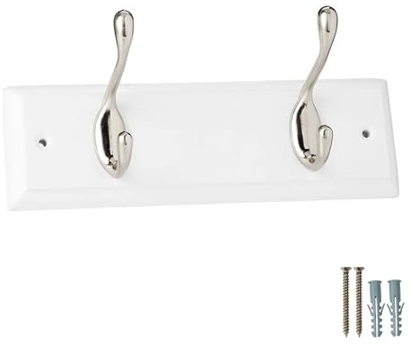 keypak 2-Hook Door Wall Mounted Coat Rack, 22.5cm - White Wooden Board, Satin Nickel Coat Hooks - Fixings Included