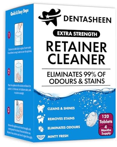 Retainer Cleaner Tablets - 120 Tablets 4 Months Supply - Fresh, Brite and Stain-Free Retainer Cleaning Tablets, Aligner, Gum Shield, Mouth Guard, Denture Cleaners - Dentasheen