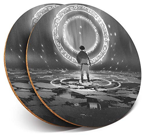 2 x Round Coasters - Fantasy Portal Digital Gamer - Cork Backed Home Kitchen Accessory Tea Coffee Mug Mat #35977