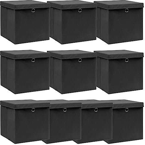 vidaXL 10 pcs Storage Boxes with Lids - Black, Foldable, Fabric, 32cm – Ideal for Wardrobe, Shelves, Cabinets – Durable with Metal Eyelets