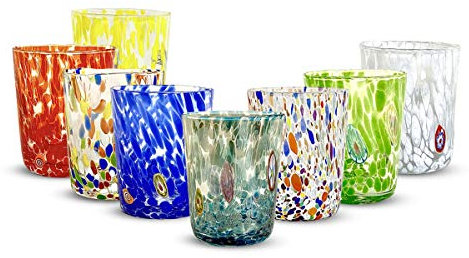 Gocce di Murano 6 verres à eau travaillés selon la tradition des artisans de Murano, verre soufflé et travaillé à la main 300 ml - verres à eau verre arc-en-ciel pluie