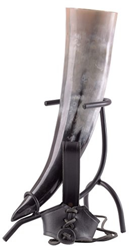 Battle-Merchant Trinkhorn Set 3-teilig mit Trinkhornhalter aus Leder und Trinkhornständer aus handgeschmiedetem Stahl | Mittelalter Wikinger (500ml)