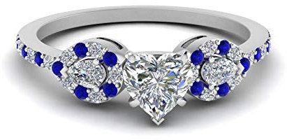 JewelryGift 3 Stein Diamant Halo Ring Sterling Silber Erstellt Blauer Saphir Herz Seitenstein Verlobungsringe Zinkeneinstellung Größe 64 Schmuck für Freizeitkleidung