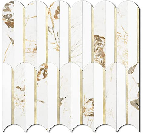 Vamos Tile Peel and Stick Backsplash Seamless Tile,10 Sheets Stick on Backsplash for Kitchen and Bathroom, 12''x12'' White Marble Look PVC Mixed Metal Gold Self Adhesive Fish Scale Mosaic Wall Tiles