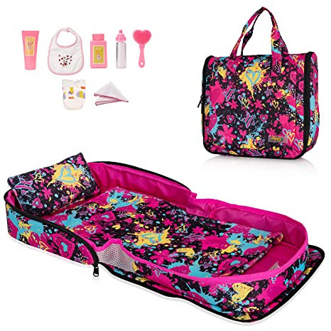 HappyVk- Lit pour poupée - Berceau Portable pour poupée - pour poupées jusqu'à 53 cm - Sac à Main pour Fille - Ensemble pour poupée - Graffiti