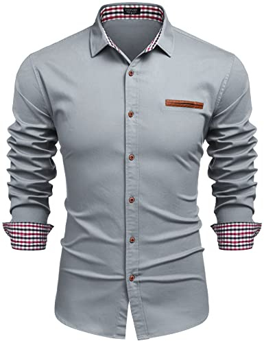 COOFANDY Vardaglig skjorta för män knappar skjortor klänning skjorta långärmad denim arbetsskjorta cowboy-stil smal passform, Ljusgrå, 3XL