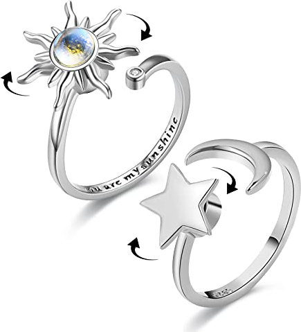 Cosysparks Fidget Ring Mädchen, 2pcs Einstellbar Offen Spinner Ring Silber Fidget Ring Silber Mondsternring Zappelringe Für Anxiety Ring mit Geschenkbox