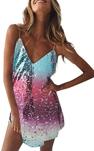 Onsoyours Femme Robe Sexy Paillettes Brillante Mini De Cocktail Élégant Sans Manches Chic Disco Club Mode Vacances Festival Party Soirée A Violet XL