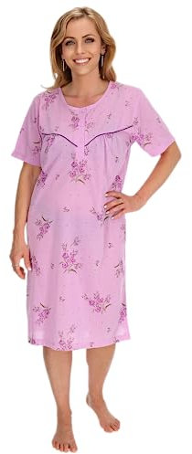 Schuerzenfabrik - Chemise de nuit à manches courtes pour femme, bleue, rose, violet, orange avec boutonnière, Chemise de nuit à manches courtes violet, L