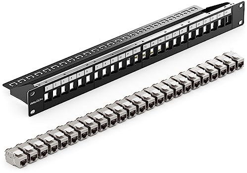 deleyCON 24 Porto CAT7 Pannello Patch SET Campo Delle Patch Campo di Distribuzione Modulare 1 IU 19 Pollici Montaggio Rack + 24x CAT 7 Keystone Moduli RJ45 10 Gbit/s 600 MHz Cavi di Posa Nero