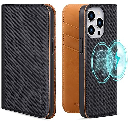 VISOUL Hülle für iPhone 15 Pro, Schutzhülle Carbon Leder Schützt vor Stoß Kartenfach Magnetverschluss Stand Klapphüllen handyhülle Handytasche Etui Case Gelb T