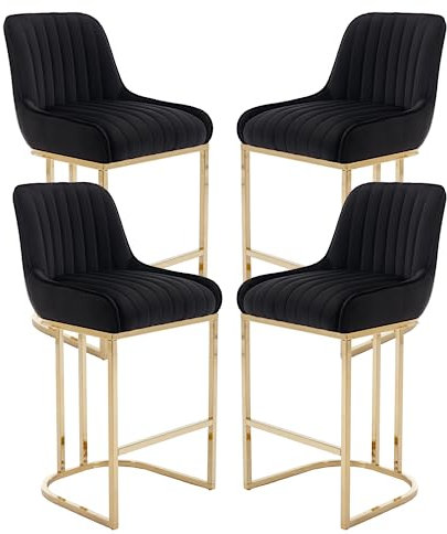 chairus Lot de 4 Tabourets de Bar en Velours Tabourets de Cuisine Imbottita Chaise Haute avec Pieds en Métal (Noir-4)