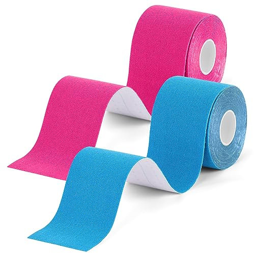 ACWOO Kinesiotapes, 2 Rollen Kinesiologie Tape, 5mx5 cm Profi Physiotape, Wasserfestes Sport Tapes 5m, Hautfreundlich Therapie-Tape Elastisches Kinesio Tapes für Sport Alltag (Rosa+Blau)