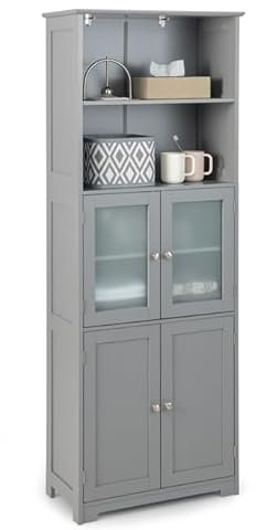 GOPLUS Meuble de Rangement pour Salle de Bain avec 3 Parties, Rangement 6 Niveaux avec 2 Étagères Ouvertes et 2 Compartiments, Portes en Verre Transparent et Poignées Métalliques, Gris