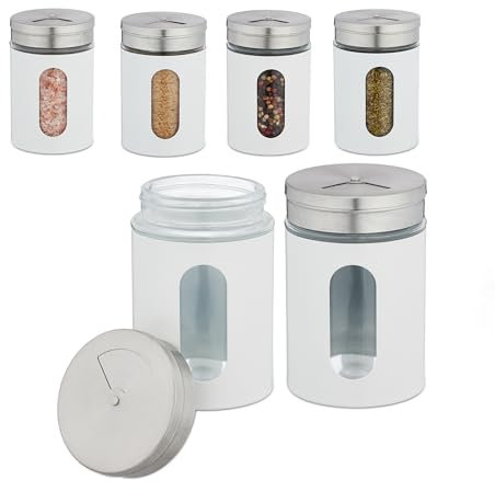 Relaxdays Saupoudreuse à épices, Lot de 6, 3 Tailles de saupoudrage, épices, XL, 290 ML, Verre & Acier Inoxydable, Blanc