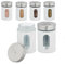 Relaxdays Barattoli Portaspezie, Set da 6 Vasetti, Coperchio con 3 Aperture Spargi Sale, Vetro, Acciaio, 290 ml, Bianco, Inox