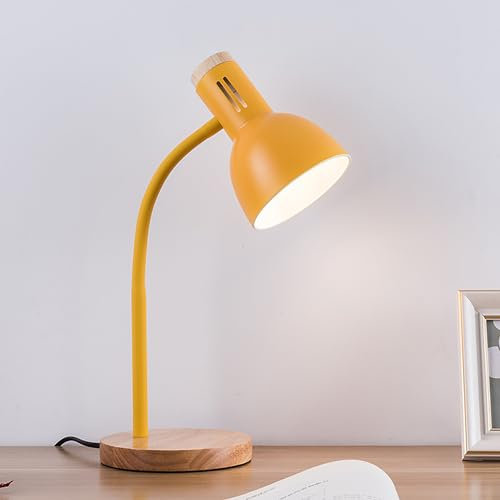 SUAVER Metall Tischlampe, Nordic Modern Creative Tischlampe Schlafzimmer Nachttischlampe Augenschutz Lesetischlampe Verstellbare Schreibtischlampe E27 Holz Metall Nachtlampe(Gelb)