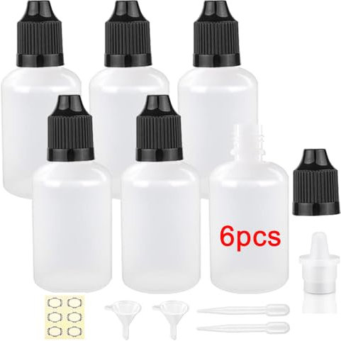 Apstaqeoo 6Pcs, 50Ml Plastic Dropper Bottles, Empty Squeezable Liquid Dropper Bottle Eye Droppers Sample Dispenser White Paint Dropper Bottles Black Cap/Funnel/Label/Dropper for Essential Oil