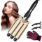 Bizcasa Lockenstab 3 Fässer Welleneisen,22mm Große Welleneisen für Haare Beach Waves Lockenwickler,Turmalin Keramik Curling Iron Schnelle Erwärmung Mit 2 Clips und einem Handschuh (Gold)
