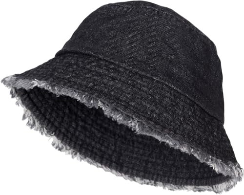 styleBREAKER Damen Fischerhut aus Jeansstoff mit Fransen | Bucket Hat Denim | Sonnenhut mit verstellbarem Zugband | Anglerhut für Frühling & Sommer, Farbe:Schwarz