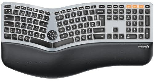 ProtoArc Backlit Wireless Ergonomic Keyboard, EK01 Plus Ergo Keyboard with Wrist Rest, Split Design, USB-C Charging, Bluetooth and USB, Natural Typing Compatible with Windows/Mac/Android
