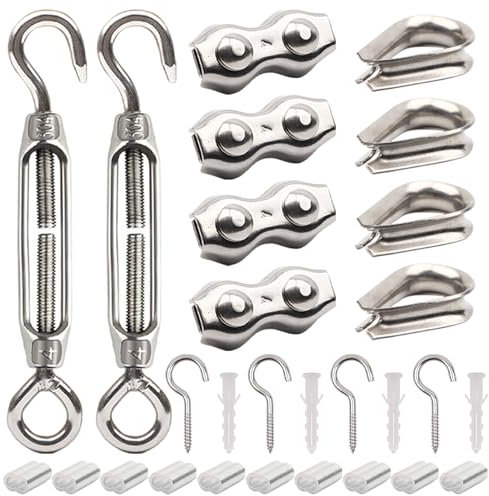 YIKAOMAI® 3 mm wire rope tensioner set, M4 turnbuckles made of stainless steel kit, for 3 mm cables and wire ropes (M4 turnbuckles, stainless steel, 28 pieces kit)