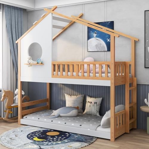 Ctastay Kinderbett Etagenbett 90x200 cm, Bett Holzbett Hausbett mit Dach & Rausfallschutz, Hochbett Familienbett mit Leiter & Lattenrost, Natur+Weiß (Ohne Matratze)