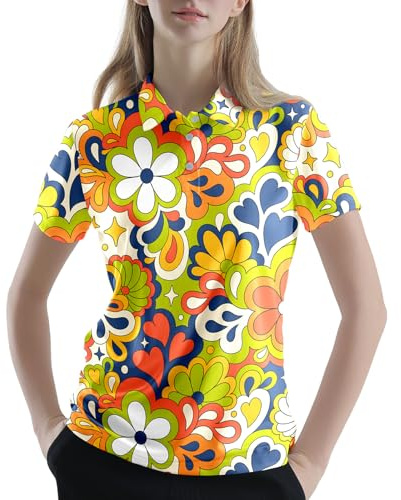 Collemet Womens Funny Golf Shirts Outfits Casual Golf Shirt, Vintage 60s 70s Floral, M