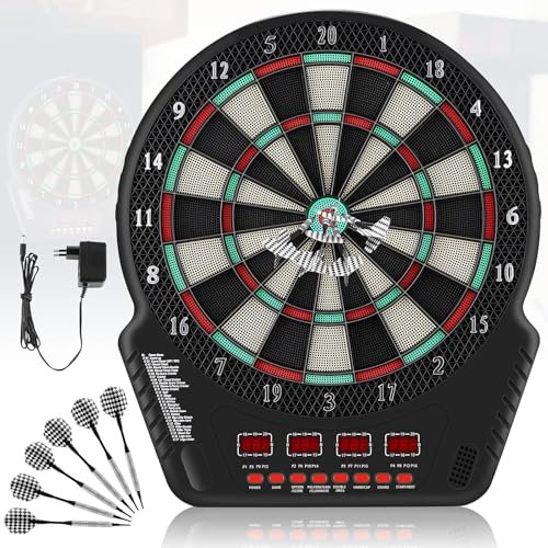 Elektrische Dartscheibe, E Dartboard Dartautomat mit Sprachansagen, 4 LED-Bildschirme, 6 Dartpfeil, 27 Spiele 243 Spieloptionen DB269