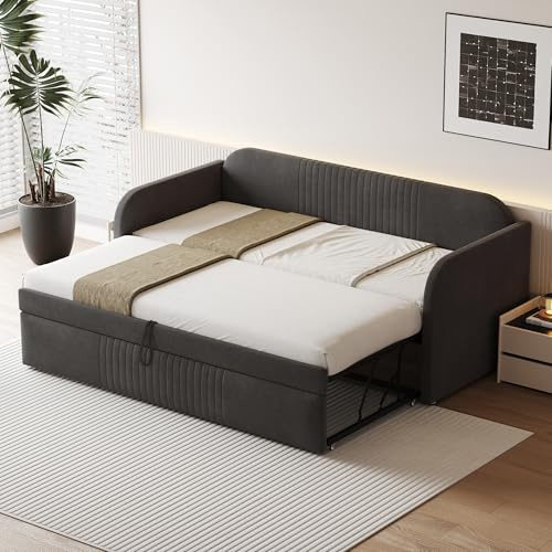 MQLAE Polsterbett Ausziehbares Schlafsofa 90/180x190 cm, Bett mit Lattenrost, Multifunktionsbett Einzelbett/Doppelbett Tagesbett Klappsofa aus atmungsaktive Leinenstoff, Ohne Matratze, Grau