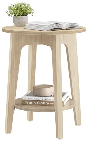 VASAGLE Beistelltisch, Kleiner runder Beistelltisch mit unterer Ablage, Nachttisch für kleine Räume, Wohnzimmer, Schlafzimmer, Naturbeige ULET283N01