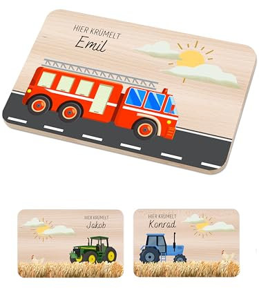 Bärenfreunde - Individuelles Holzbrett mit hochwertigem Spezial-Druck für Kinder - Personalisiertes Frühstücksbrettchen - Niedliche Motiv-Brettchen mit Namen (Feuerwehr)