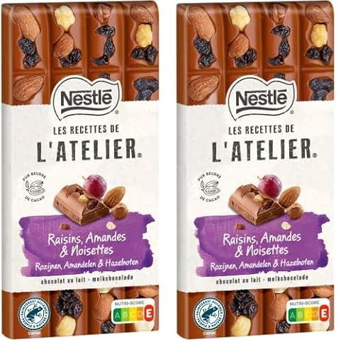 Nestlé Les Recettes de L'Atelier - Tablette chocolat Lait Raisins, Amandes et Noisettes - 170g (Lot de 2)