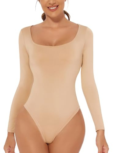 ONEW Body-Hugging Bodysuit Shirt for Women Long Sleeves Square Neck Leotard Top One-Piece Thong Body Suit Beige XL