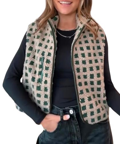 Damen Karierte Polar Fleece Weste ärmellose Strickjacke hoher Kragen Reißverschluss Sherpa Weste Mode rot Karierte Weste, Winter Top rot Sherpa, Karierte Sherpa Weste, Winter Weste (Grün,L)