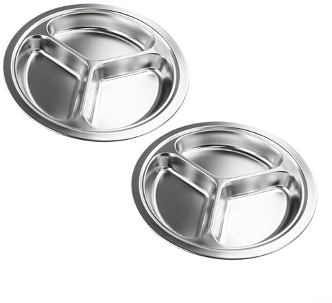 2er-Pack Edelstahl Lebensmitteltablett Stahlplatte mit 3 Fächern für wählerische Esser, Erwachsene Gewichtsverlust, Diabetiker, Diät, Küche, Camping, Picknick, Zuhause