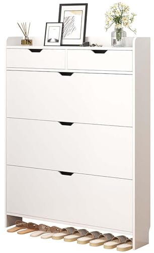 JIYIAN White,80 * 17 * 125cm, Wooden Shoe Rack Convertible Slim Shoe Organizers Shoe Cabinet Ultra-Thin Tipper Cabinet with Storage Drawer for Home &Living Room
