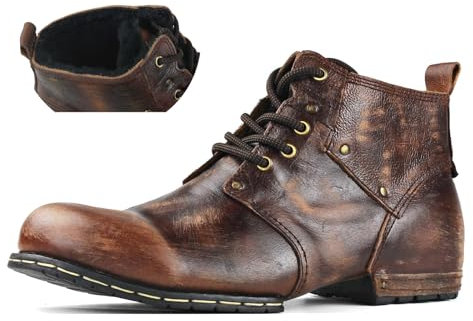 OSSTONE Marrone Winter Stivali da moto per uomo Caviglia camminare moda Pelle fleece inside Chukka Stivali Uomo Scarpa Casual OS-6015-2-fleece-brown-13-R