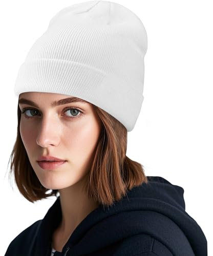 Voarge 1 Stück Beanie Mütze Stretchy Bündchen, Unisex Winter Warm Halten Windschutz Strickmützen Weich Elastisch Fleece für Männer und Frauen, Weiß