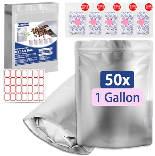 LinsKind Mylar Bags with Oxygen Absorbers, 1 Gallon 50Pcs for Food Storage | Includes food-grade oxygen absorbers; 10.5mil extra-thick BPA-free Mylar; heat-sealable & resealable; for grains, beans, nuts