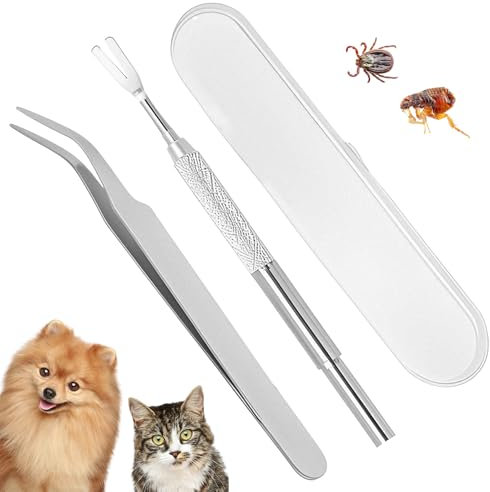 1 Set Tick Remover Tools for Dogs, Tick Removal Tool, Stainless Steel Tick Remover Tool Set Complete Tool Kit for Humans, Cats & Dogs(With Tick Removal Tweezers & Sharp Rake & Box)