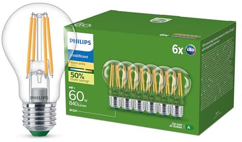 Philips Ultra Efficient LED Bulb, Classe d'efficacité énergétique A, avec douille E27, 60W, transparent, blanc chaud 2700K, 6 packs