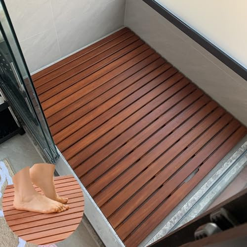Badematte aus Holz – Duschmatte mit glatten Latten für den Innen- und Außenbereich, 80 x 120 cm, rutschfeste Fußplatte, stilvolle Wasserabweisende Bodenmatte für Badezimmer und Badewanne