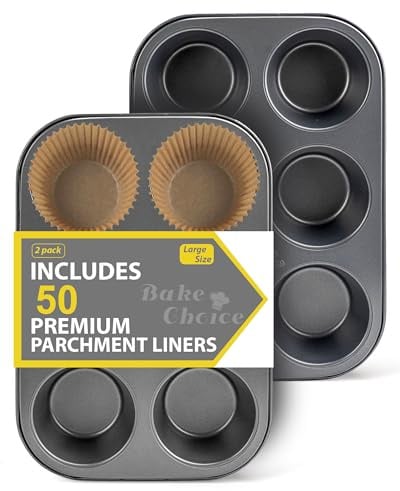 Bake Choice 2 Pack Jumbo Muffin Backform, mit 50 Natürlicher Jumbo Muffinförmchen Papier, 6-Fach Antihaft-Muffinform, Backform Set aus Kohlenstoffstahl