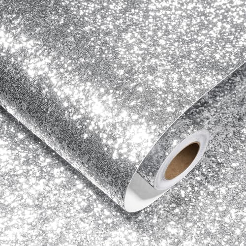 Decotalk Silber Glitzer Tapete Selbstklebend Glitzer Möbelfolie Wand Tapeten 40X900cm Klebefolie Möbel für Wohnzimmer Schlafzimmer Glitzerfolie für Tisch Schränke Glitzer Dekofolie Selbstklebend