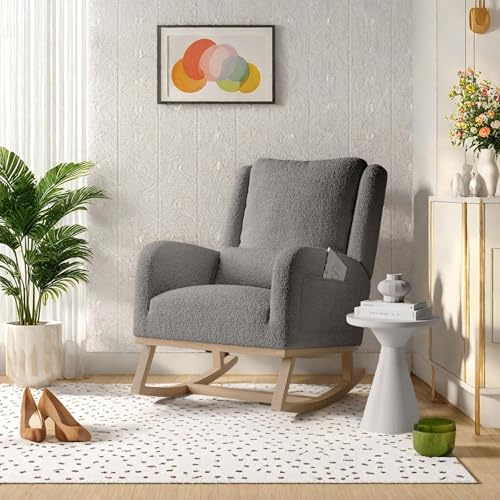 FEEOHOME Fauteuil à Bascule, Chaise a Bascule, Fauteuil Chambre Bebe avec accoudoirs et Poches, Chaise Loisir avec Pieds en Bois Massif pour Chambre, Salon, Velours Teddy (Gris)