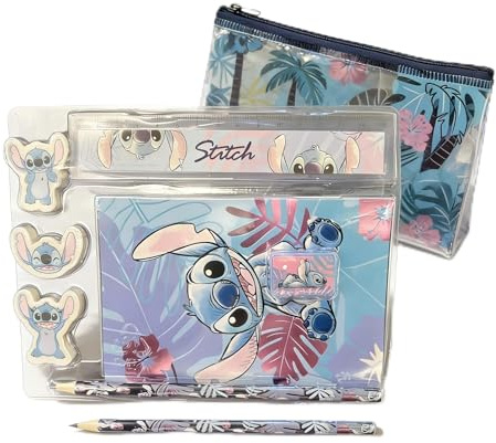 Disney Stitch 8-teiliges Federmäppchen & Schreibwaren-Set für Kinder – transparente PVC-Reißverschlusstasche, Radiergummis, HB-Bleistift, Spitzer, Lineal und Notizblock