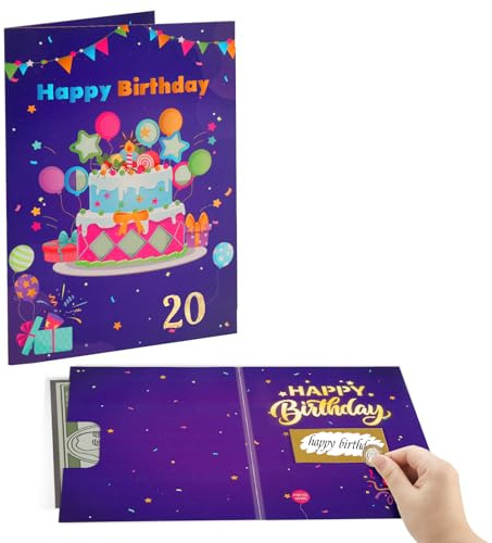 Musik-Geburtstagskarte mit Rubbelfeld & Licht zum 20. Geburtstag, Geldgeschenk mit beschriftbarer Rubbelkarte - Geburtstagskarte, Geburtstagsgutschein für 20-jährige junge Männer, Frauen, ihn, sie