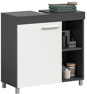 xonox.home – Waschbeckenunterschrank Noah 65x63x31 cm in Anthrazit und Weiß – Badunterschrank mit 1 Tür, 2 Einlegeböden und 2 offenen Fächern – Modernes Kontrast-Design für stilvolle Bad-Organisation